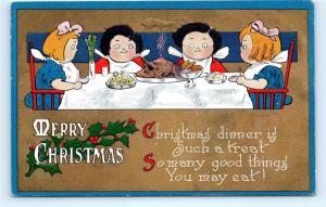 Postcard Merry Christmas Poem Kids Eating Turkey Dinner Grace Drayton? J12