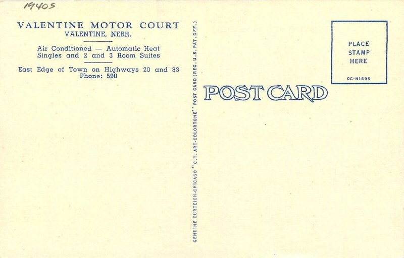 Postcard 1940s Nebraska Valentine Motor Lodge automobile Teich linen NE24-4449