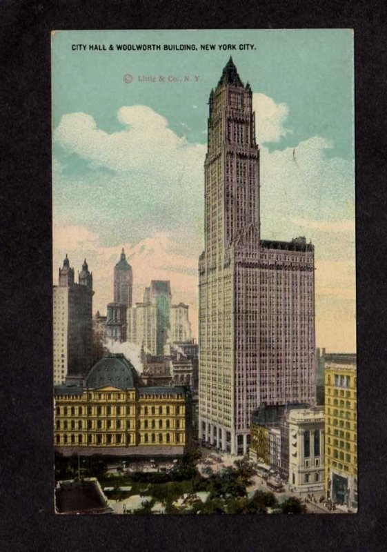 NY City Hall Woolworth Building New York City Vintage Postcard NYC