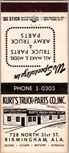 Vintage Matchbook Cover Kurt's Truck & Parts Co Inc Birmingham, Alabama MB93