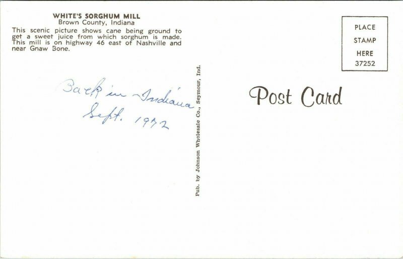 Whites Sorghum Mill Brown County Indiana IN Postcard VTG UNP Grinding Cane Pony 