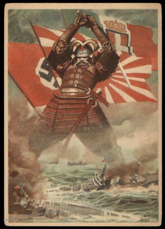 Italy 1942 Japanese Samurai Smiting US British Warships Card UNUSED 99471