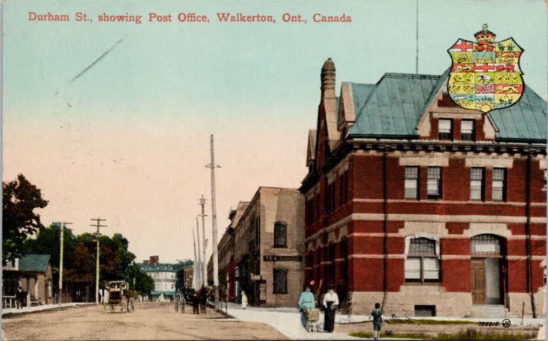 Walkerton Ontario Durham Street Post Office Crest Horses Wagons Postcard F94