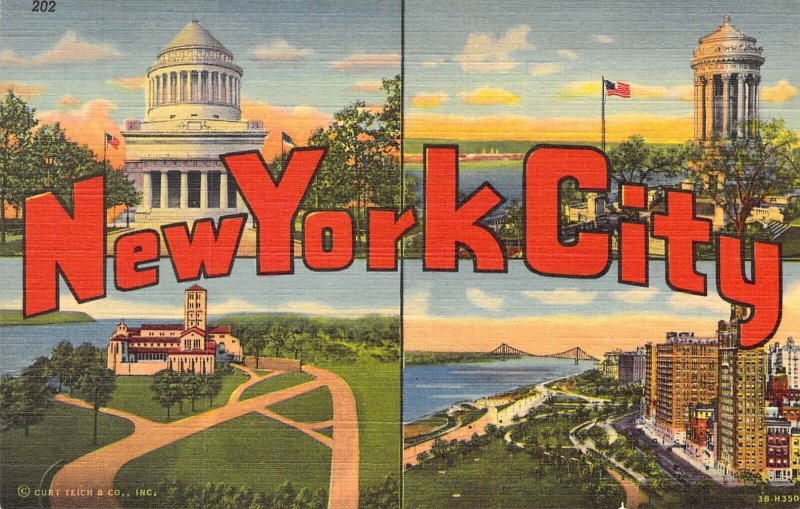 Beautiful Linen Large Letter,New York City,New York, NY, CT Publ,Old Postcard