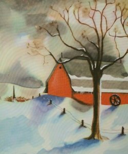 Mid Century Modern Christmas Greeting Card Swirl Background Country Barn Grinnel