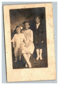 Vintage 1920's RPPC Postcard Photo of Two Young Girls and a Young Boy