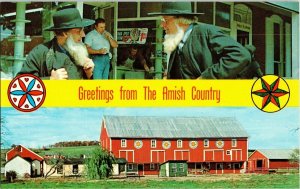 Greetings Amish Country Banner Red Barn Religious Farming Pennsylvania Postcard 