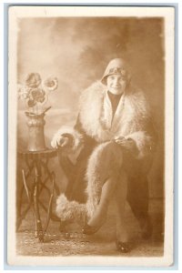 c1920's Carroll Studio Portrait Woman Hat Fur Coat Baltimore MD Photo Postcard