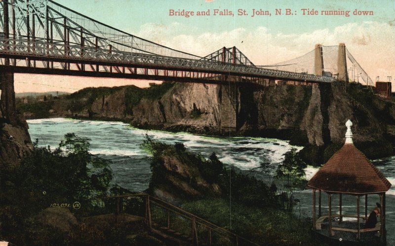 Vintage Postcard 1930's Tide Running Down Bridge & Falls St. John New Brunswick