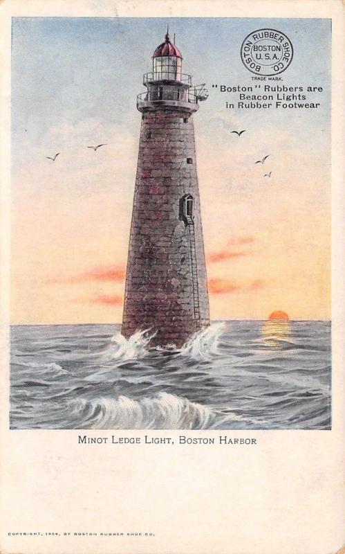 Boston Harbor MA~Minot Ledge Light~Beacon~Sunset Lighthouse~Rubber Shoes~1905 