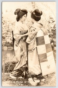 Kyoto Japan~Post WWII Real Photo Postcard~Geisha Girl & Dancing Maiko~c1950 RPPC