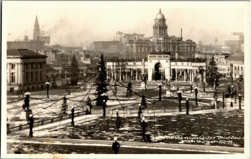 RPPC Civic Center Decorations, Xmas and New Year 1923 Denver CO Postcard D61