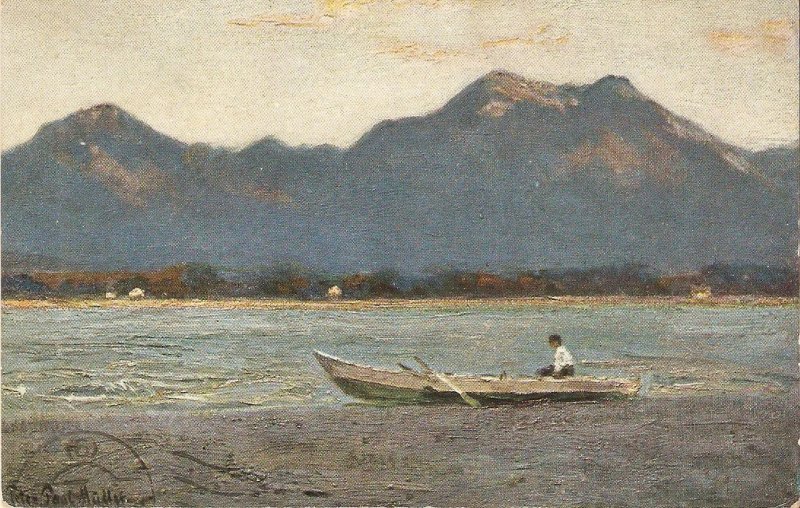 Landscape with fishing boat. Mountains Old vintage Spanish postcard