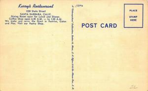 Santa Barbara CA Kerry's Restaurant Old Car Linen Postcard
