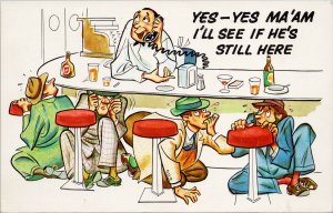 Men Hiding from Wives Marriage Comic Humour Bar Restaurant Cooper Postcard G7