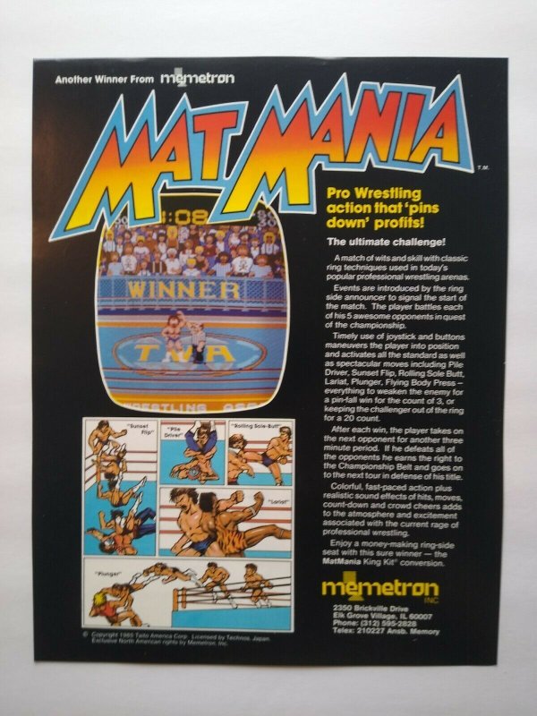 Mat Mania Memetron Arcade FLYER Original Video Game Wrestling Vintage Retro 1985