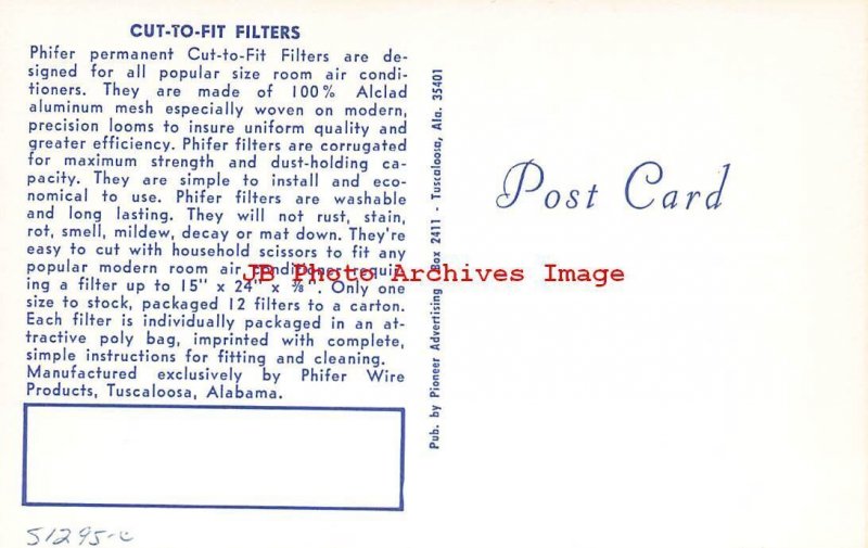 Advertising Postcard, Phifer Filters Promo, Tuscaloosa Alabama 