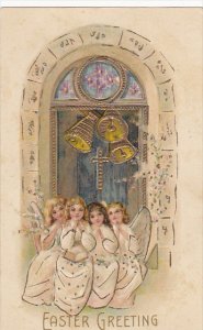 Easter Greeting Young Angels With Gold Bells And Cross