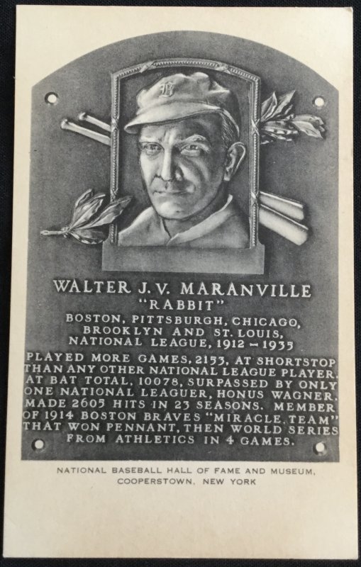 Unused Postcard Walter J V Rabbitt Maranville Baseball Hall of Fame NY LB