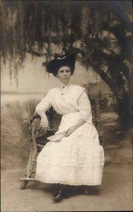 Studio Portrait Woman Lace Dress and Gloves Fan Real Photo c1910 Postcard