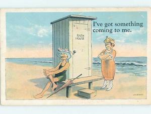 Pre-Linen comic signed MAN WAITS FOR WOMAN TO CHANGE INTO BATHING SUIT HL2404