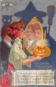 J80/ Halloween Postcard c1910 Nash Mirror Witch Woman Cat Clock 80