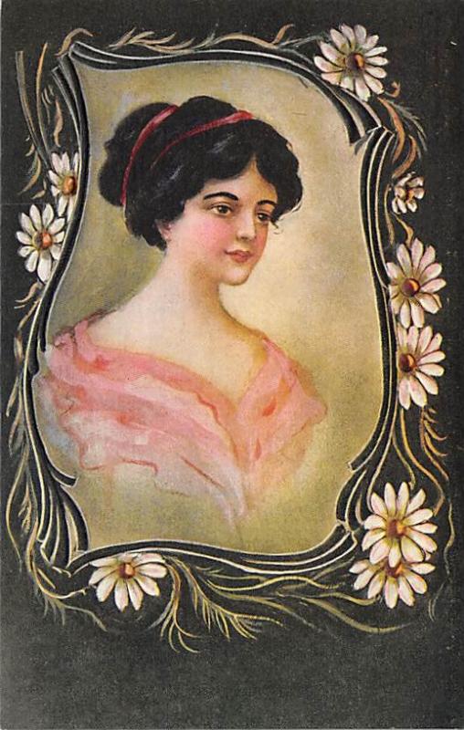 Woman with dark brunette hair and flowers Artist C. Ryan Unused