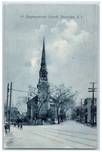 c1905 1st Congregational Church Winter Clock Cross Tower Pawtucket RI Postcard 