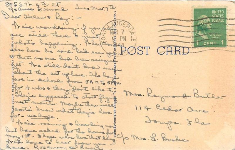 Fort Lauderdale Florida Las Olas Blvd. pm 1944 new homes linen Postcard