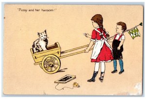 c1910's Pussy And Her Hansom Children Pulling Cart Embossed Antique Postcard 