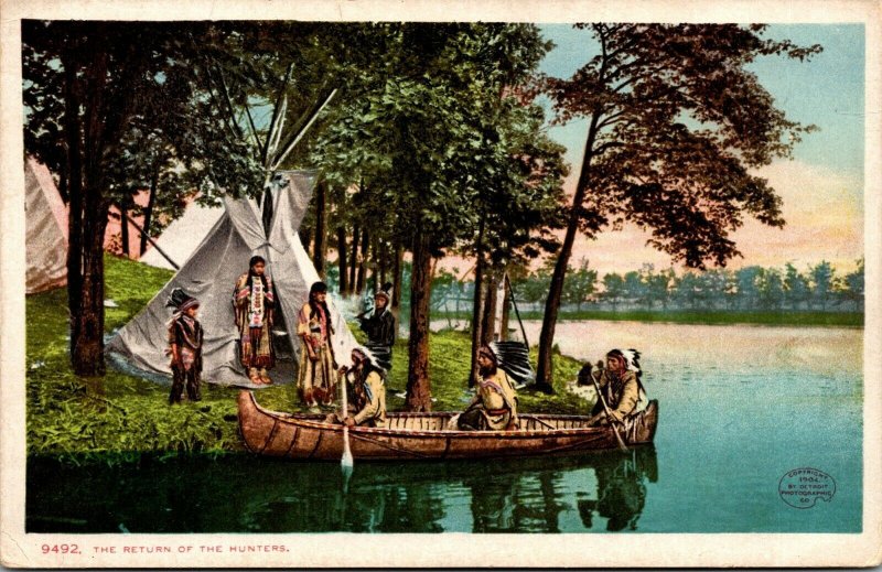 Vintage The Return of the Hunters Teepee Canoe Native American Postcard