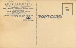 American Motel Cincinnati Ohio roadside linen 1940s Postcard Teich 9782