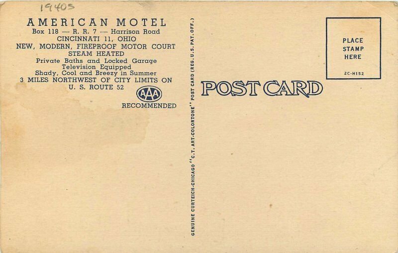 American Motel Cincinnati Ohio roadside linen 1940s Postcard Teich 9782