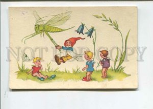 471818 FANTASY Elf GNOME flying on GRASSHOPPER Vintage postcard