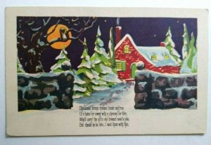 Christmas Postcard Orange Moon Owl Snow Unused W 589 Vintage Original