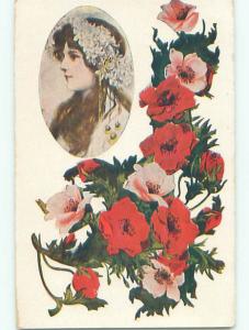 Unused Pre-Linen ART NOUVEAU - PRETTY LONG-HAIRED GIRL WITH FLOWERS k4178