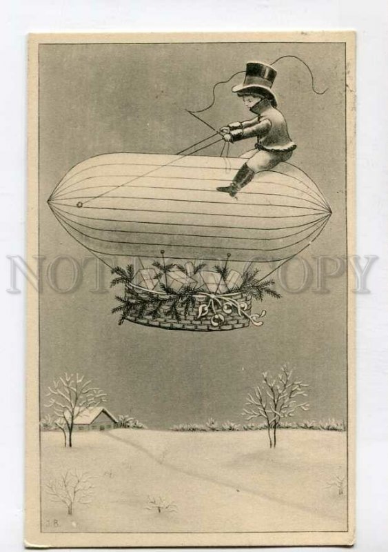3139731 NEW YEAR Boy w/ Gift on BALLOON by J.B. vintage PC