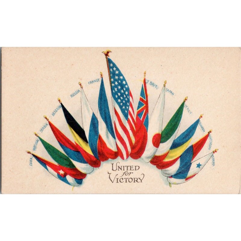Original Antique WWI Era Postcard - Flags of Allys - United for Victory -US Flag