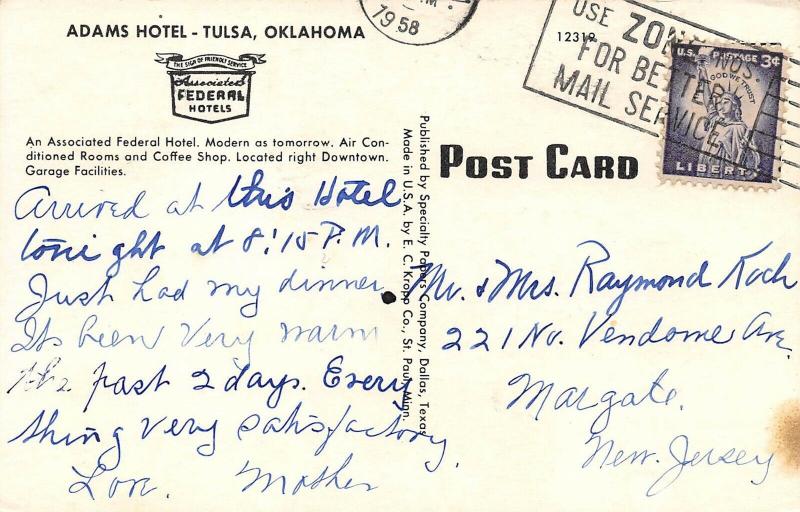 Tulsa Oklahoma 1958 Postcard Adams Hotel 
