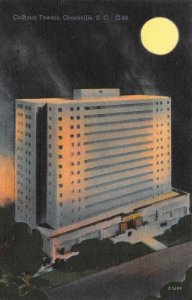 GREENVILLE, South Carolina SC  CALHOUN TOWERS  Night~Huge Full Moon  Postcard