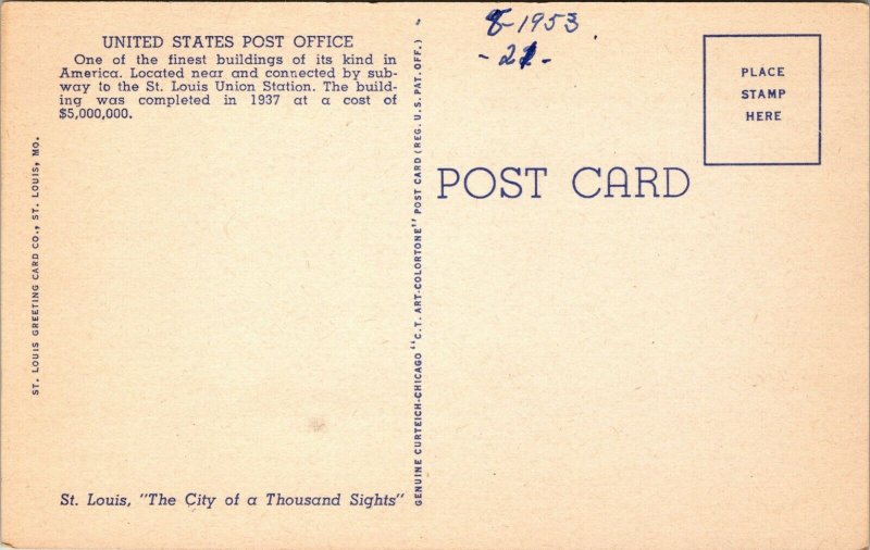 U.S. Post Office, St. Louis, Missouri  Vintage Postcard LINEN UNPOSTED