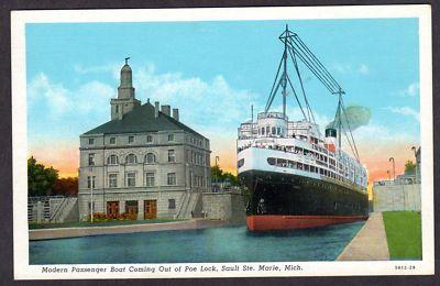 Sault Ste Marie MI Passenger Boat Poe Lock Postcard