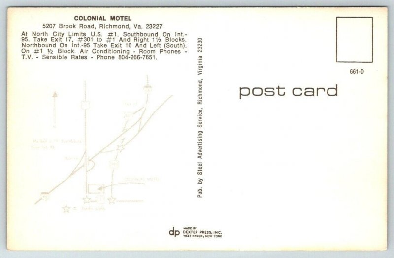Richmond  Virginia  Colonial Motel  Postcard