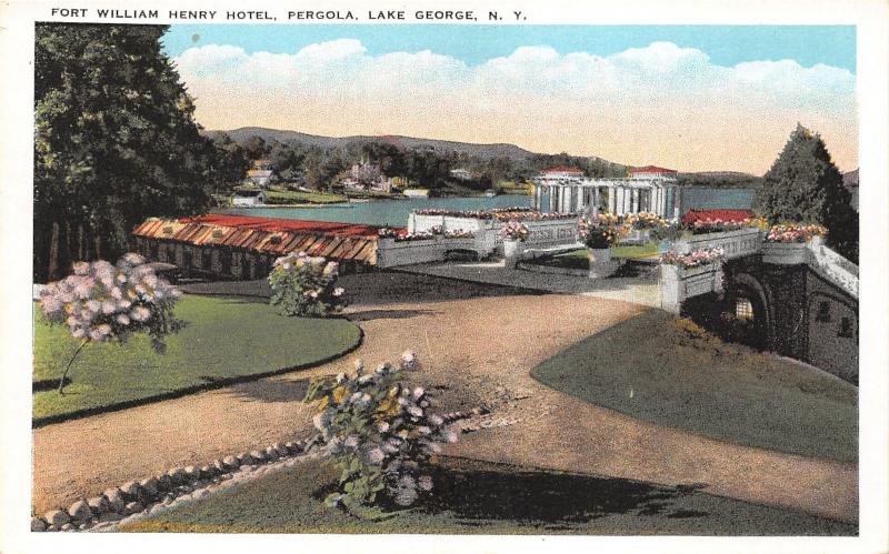 Lake George New York~Fort William Henry Hotel Pergola~Pink Flowering Bushes~'20s
