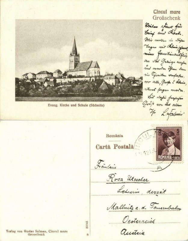 romania, CINCU GROßSCHENK, Evangelical Church and School (1929) Postcard