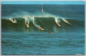 Honolulu Hawaii 1960s Postcard Riding The Big Surg Surfing In Hawaii