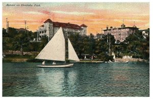 Sunset on Westlake Park MacArthur Los Angeles Hotel Leighton Sailboats Postcard