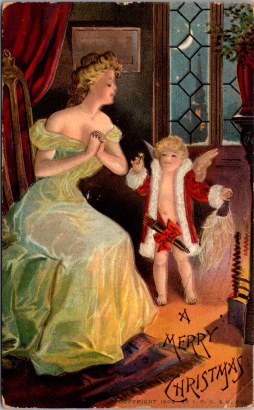 Merry Christmas Postcard Cherub Angel with Arrows Talking to Woman by a Fire