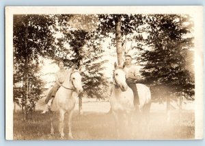 Young Girl And Boy Postcard RPPC Photo Riding Horse Scene Field c1910's Antique