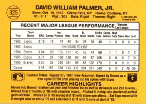 1987 DONRUSS Baseball Card David Palmer P Atlanta Braves sun0608